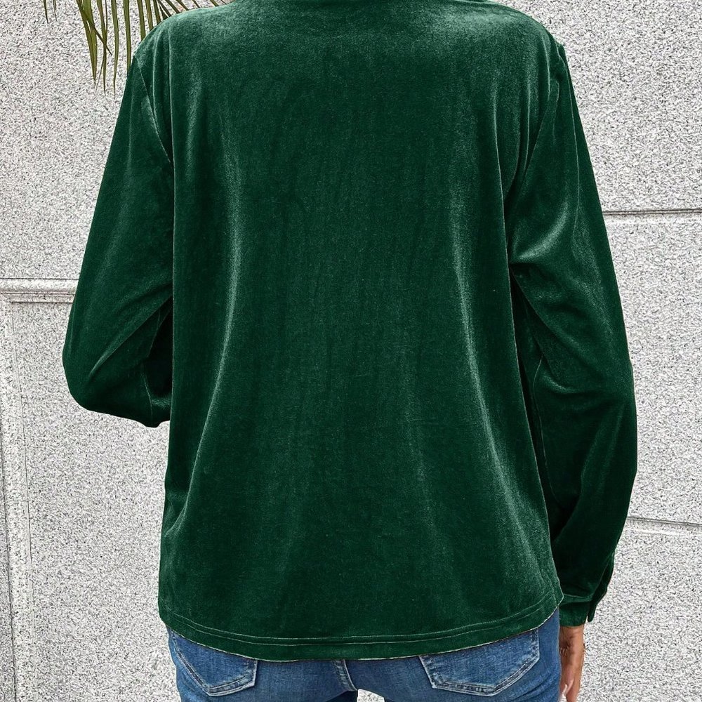 Green Casual Womens Notched Neckline Velvet Tee - Picture 5 of 5